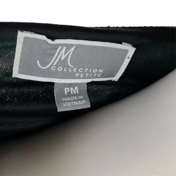 JM COLLECTION Green Black Geometric Beaded Sequin Neckline Dress PM Petite M - Picture 7 of 8